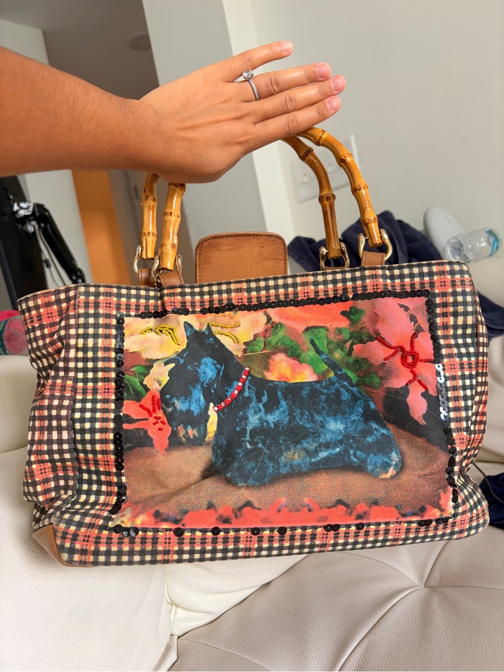 Bueno Plaid Tote with Multicolor Dog Panel and Tan Bamboo Handles